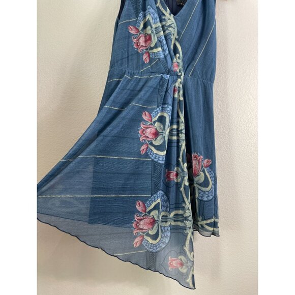 Anna Sui Womens 4 Blue Floral Sleeveless Dress V Neck Asymmetrical Hem - Picture 8 of 9